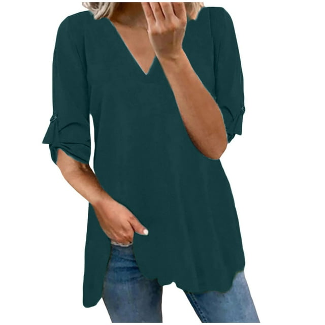 Moda mujer sólido manga larga cómodo transpirable gasa cuello en V camisa Tops Fridja czfsfas3930
