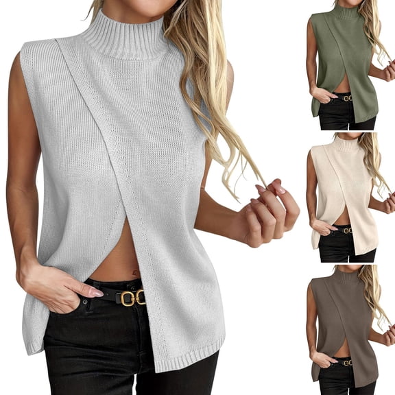 Purcolt Womens Knit Sweater Vest Trendy Casual Mock Neck Sleeveless Wrap Front Tank Tops Comfort Split Hem Loose Fit Layering Tops for Business Work Office