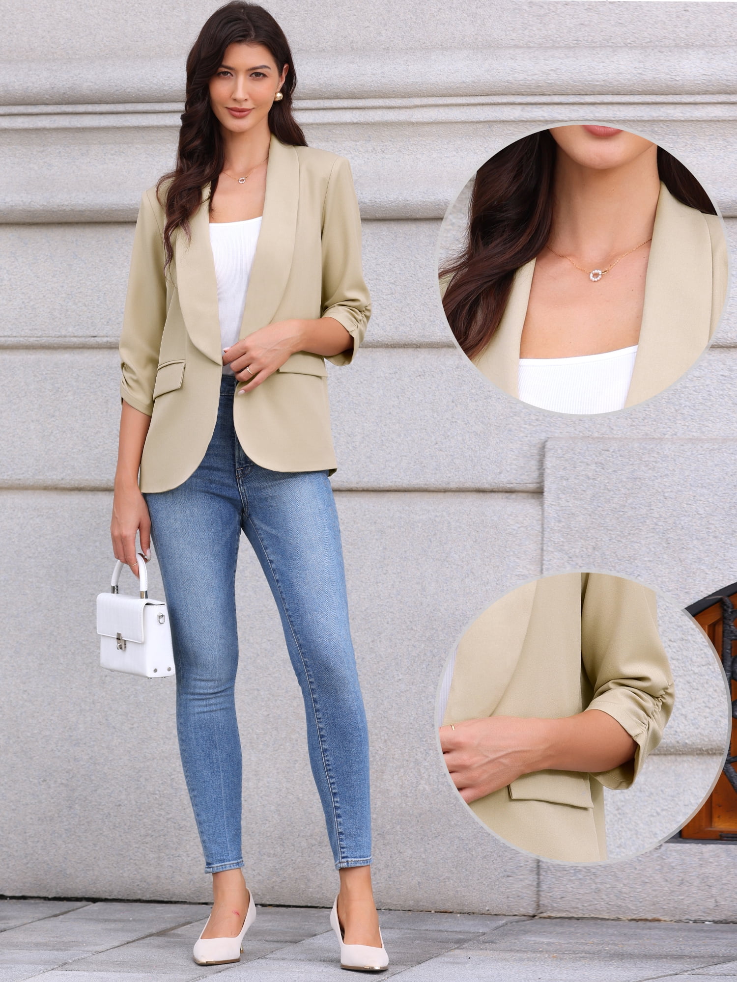 DARING DIVA Women's Ruched 3/4 Sleeve Shawl Collar Dressy Suit Jacket S Khaki