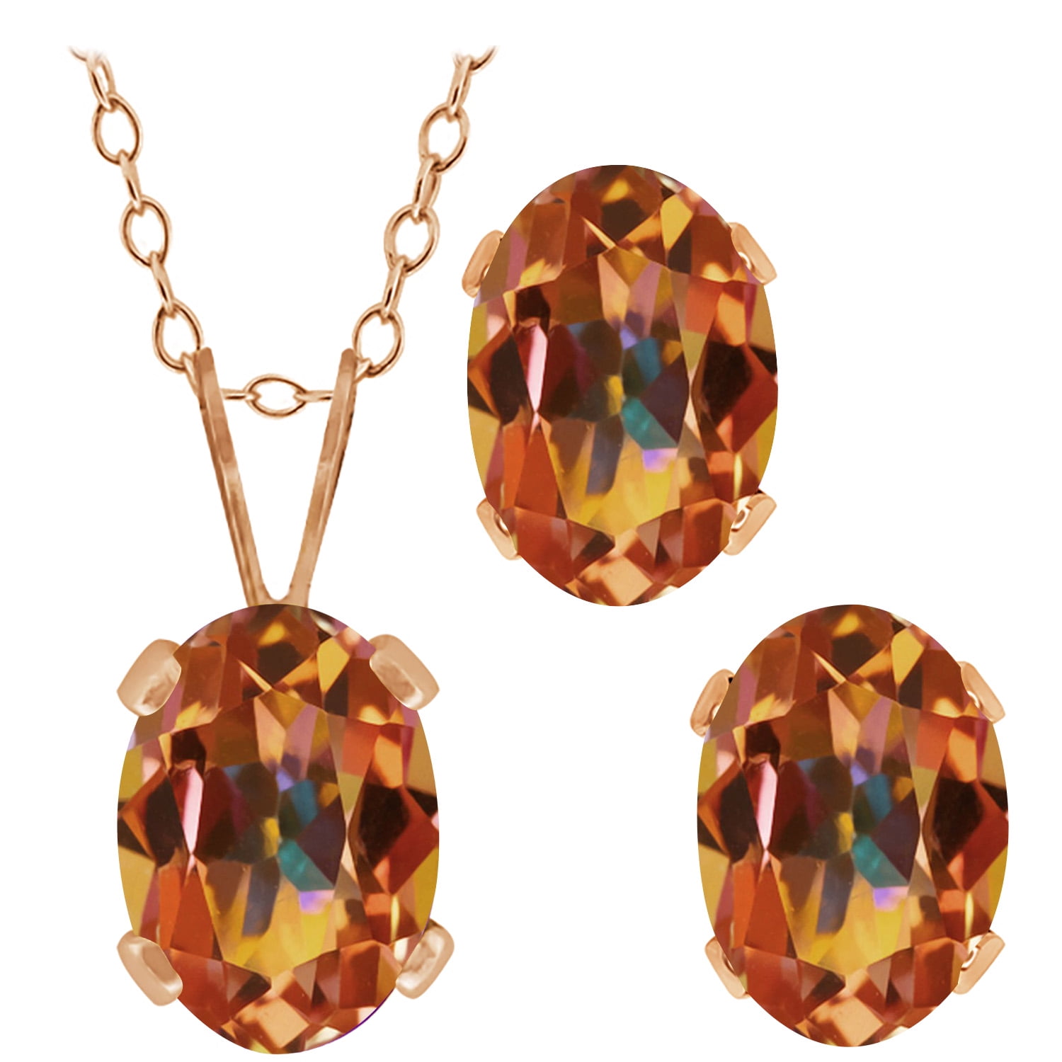 Gem Stone King 2.00 Ct Ecstasy Mystic Topaz 18K Rose Gold Plated Silver Pendant and Earrings Jewelry Set