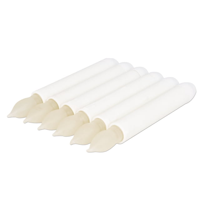 velas cónicas led, velas flotantes de harry potter, velas de ventana sin llama que funcionan con pilas para decoraciones de fiesta del día de san valentín, amarillo cálido jamw sencillez Conjunto de 6 velas cónicas LED marfil, vista frontal alineadas sobre fondo blanco; cuerpo liso de plástico con puntas que simulan llama amarilla cálida parpadeante, dimensiones 13.5×4.7×16.5 cm, funcionan con pilas y control remoto, ideales para mesa, repisa o decoraciones temáticas y aptas para colgar en fiestas.