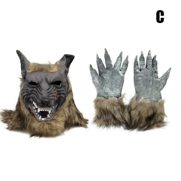 HRSR Festival Latex Rubber Wolf Head Hair Mask Werewolf Gloves Costume