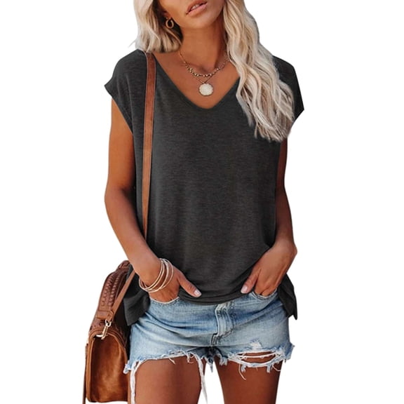 Spencer Womens Cap Sleeve Blouses T-Shirt V Neck Casual Loose Fit Basic Shirts Tank Tops Summer Tee (L,Black)