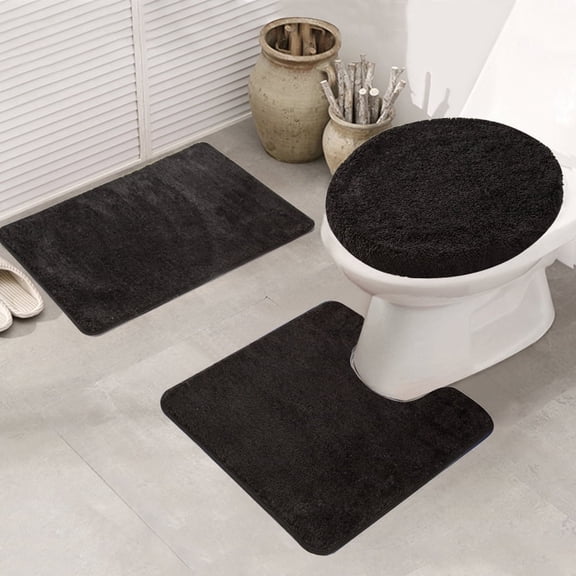 Bathroom Rug Set, 3 Pieces Shaggy Polyester Soft Non-Slip Mats Absorbent Toilet Mat,Rectangular Area Rug, U-Shaped Bath Mat, Elongated Toilet Lid Cover (Black)
