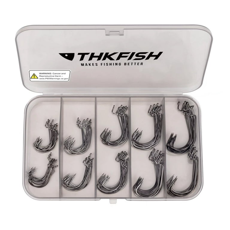 THKFISH 50pcs Offset Hooks with Barbed Shank Worm Hooks Round Bend  Replacement Fishing Hooks 2# 1# 1/0# 2/0# 3/0# 