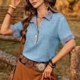 thumbnail image 5 of Miluxas Women's Summer Short Sleeve Tops Button-Up Collared Shirts with Linen and Denim Contrast Collar Trendy Business Casual Tunic Blouse Light Blue, 5 of 8