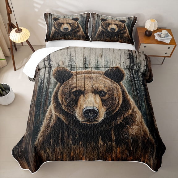 Erosebridal Rustic Brown Bear Twin Quilt Set for Boys Men, Wood Plank Forest Print Twin Coverlet Set, 2-Piece