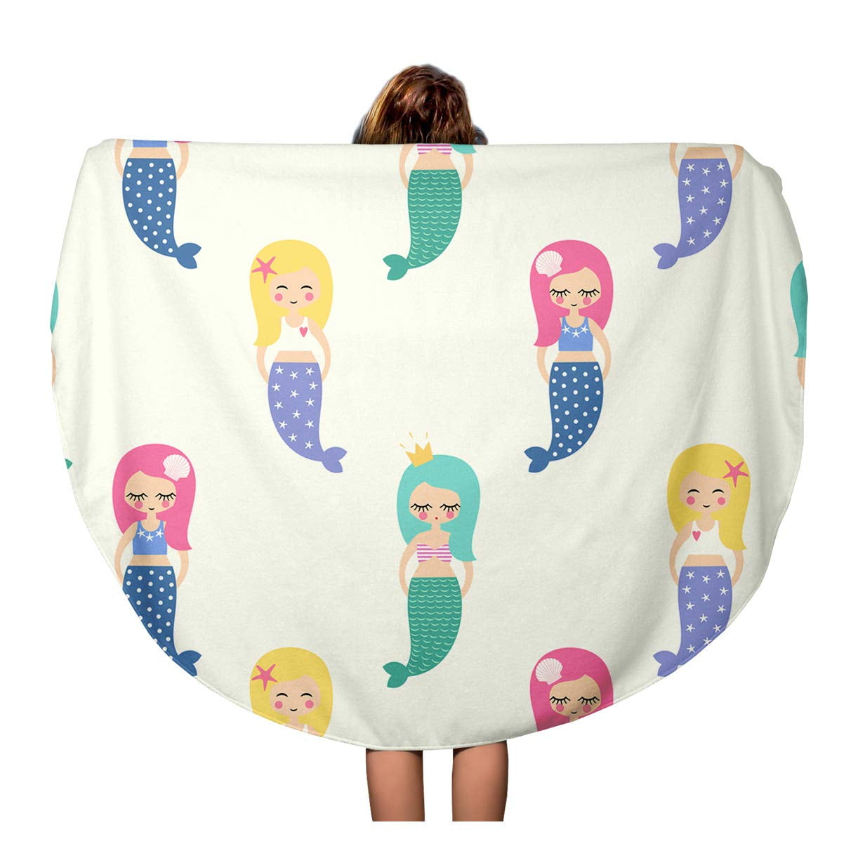 SIDONKU 60 inch Round Beach Towel Blanket Cute Mermaids Girls Colorful