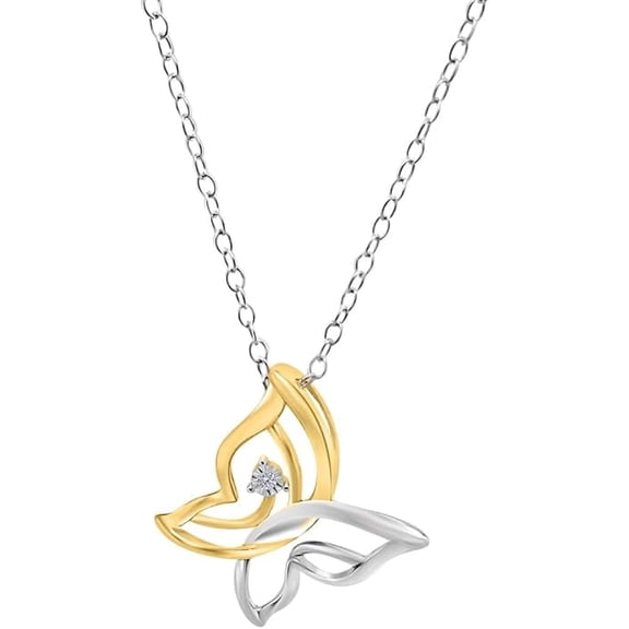 Two Tone Diamond Butterfly Pendant Necklace for Women in 925 Sterling Silver with 18" Chain, Unique Gift Jewelry