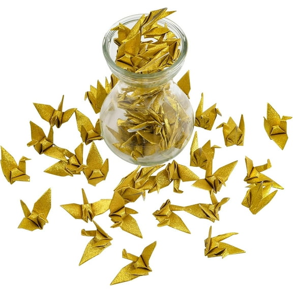 50 Pcs Origami Paper Cranes, Handmade Folded Origami Paper Crane String Garland for Wedding Party Backdrop Home Decoration, Glitter Gold