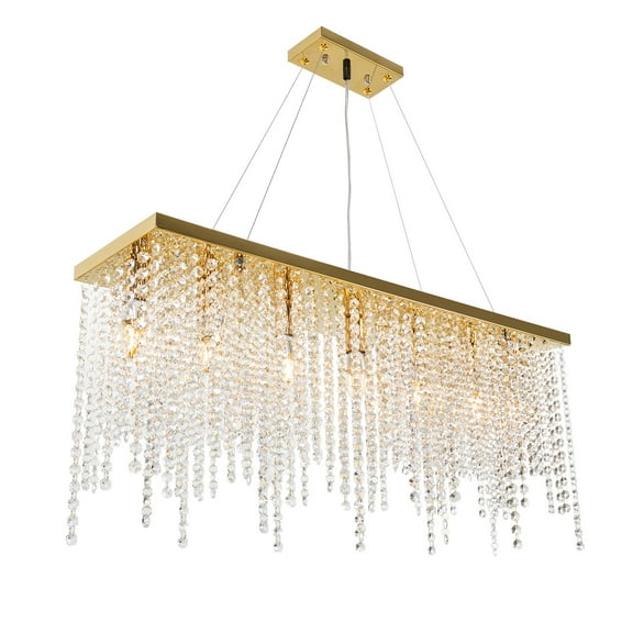 Luxury Gold Pendant Chandelier, Waterfall Design with 7 E12 Bulbs, Modern Stainless Steel & Glass Ceiling Light, Ideal for Home and Office Décor