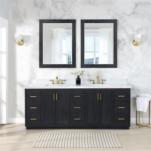 Gazsi 84" Wood Vanity in Black Oak with Composite Stone Top with Mirror
