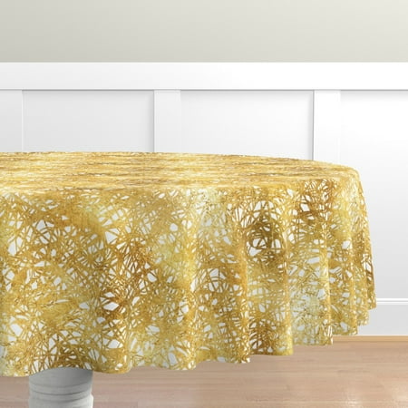 

Cotton Sateen Tablecloth 70 Round - Mustard Gold Doodles Look Midcentury Modern Abstract Faux Metallic Print Custom Table Linens by Spoonflower