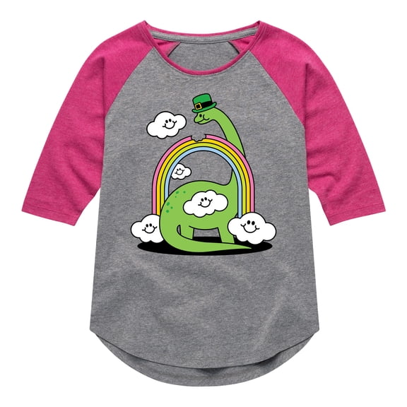 Instant Message - St. Patrick's Day - Dinosuar Eating a Rainbow with a Leprechaun's Hat - Toddler And Youth Girls Raglan Graphic T-Shirt