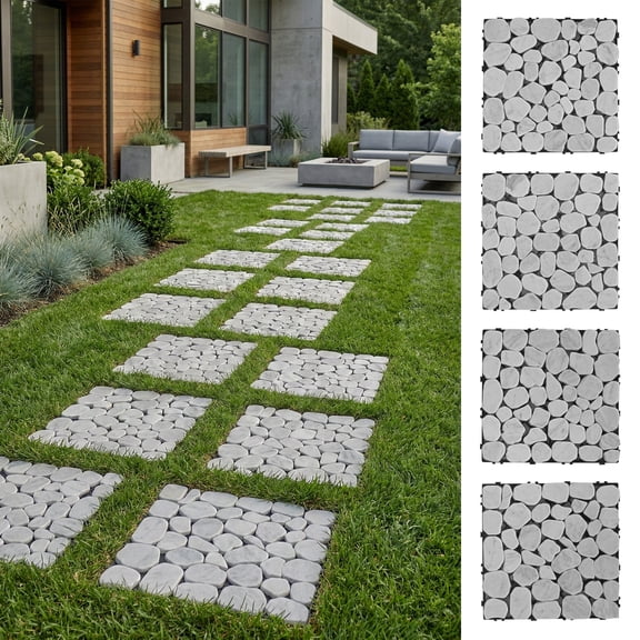 WANLISELL 4 Pcs Interlocking Garden Stepping Stones, 12" x 12" Square Riverstone Mats, Polished Gravel Pavers for Outdoor Walkway & Patio Path