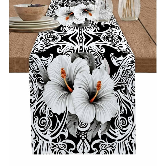 Table Runner Abstract White Flowers Leaf Table Decoration for Kitchen Dinning Black White Texture Modern Table Decoration for Indoor Outdoor Party Wedding Decor 13x72 Inch