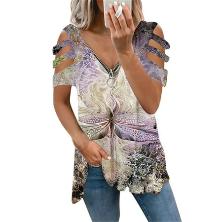 

Pianpianzi Rayon Tee Shirts Women Girl Short Scrub Undershirts Long Sleeve Women Womens Casual Printed Top Zipper V Neck Off Shoulder Short Sleeve T Shirt Blouse Top