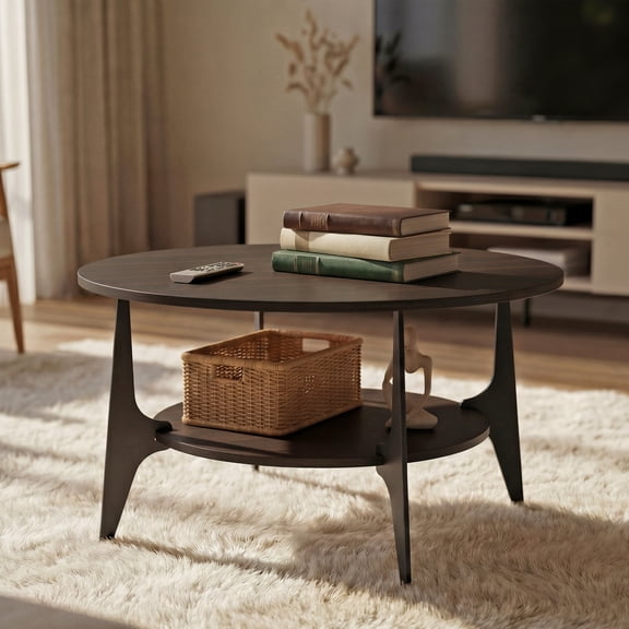 31 Inch Round Coffee Table for Living Room, Black Round Coffee Table with 2-Tier Storage Shelf, Modern Farmhouse Coffee Table with Artistic Shark-Shaped Metal Legs, Wood Table for Small Spaces