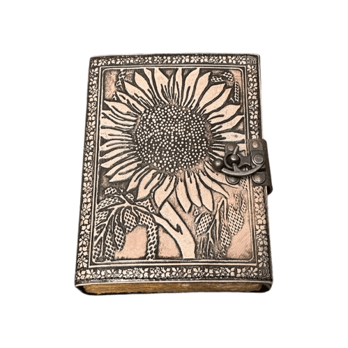 Handmade Sunflower Leather Journal – 5x7 Inch – 200 Pages – Vintage Lock – Handmade Paper
