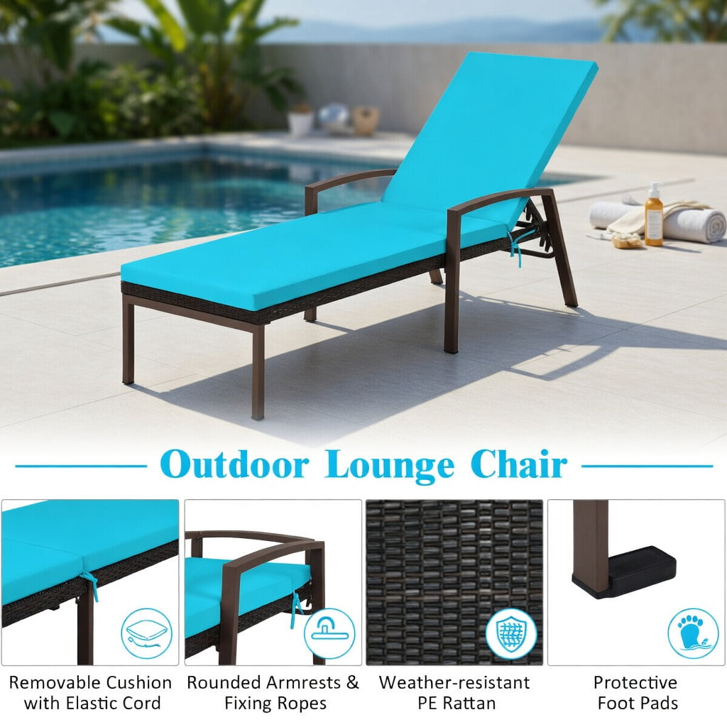 Hommoo Adjustable Outdoor Rattan Chaise Lounge Chair with Removable Cushion, Steel Frame, Weather-Resistant PE Wicker, 5-Position Reclining Backrest for Patio, Deck or Poolside, Turquoise