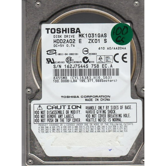 MK1031GAS, A0/AA204A, HDD2A02 E ZK01 S, Toshiba 100GB IDE 2.5 Hard Drive