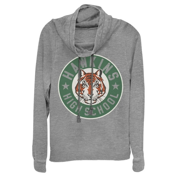 Netflix Junior's Stranger Things Hawkins High School Tiger Mascot Cowl Neck Sweatshirt Gray Heather Small