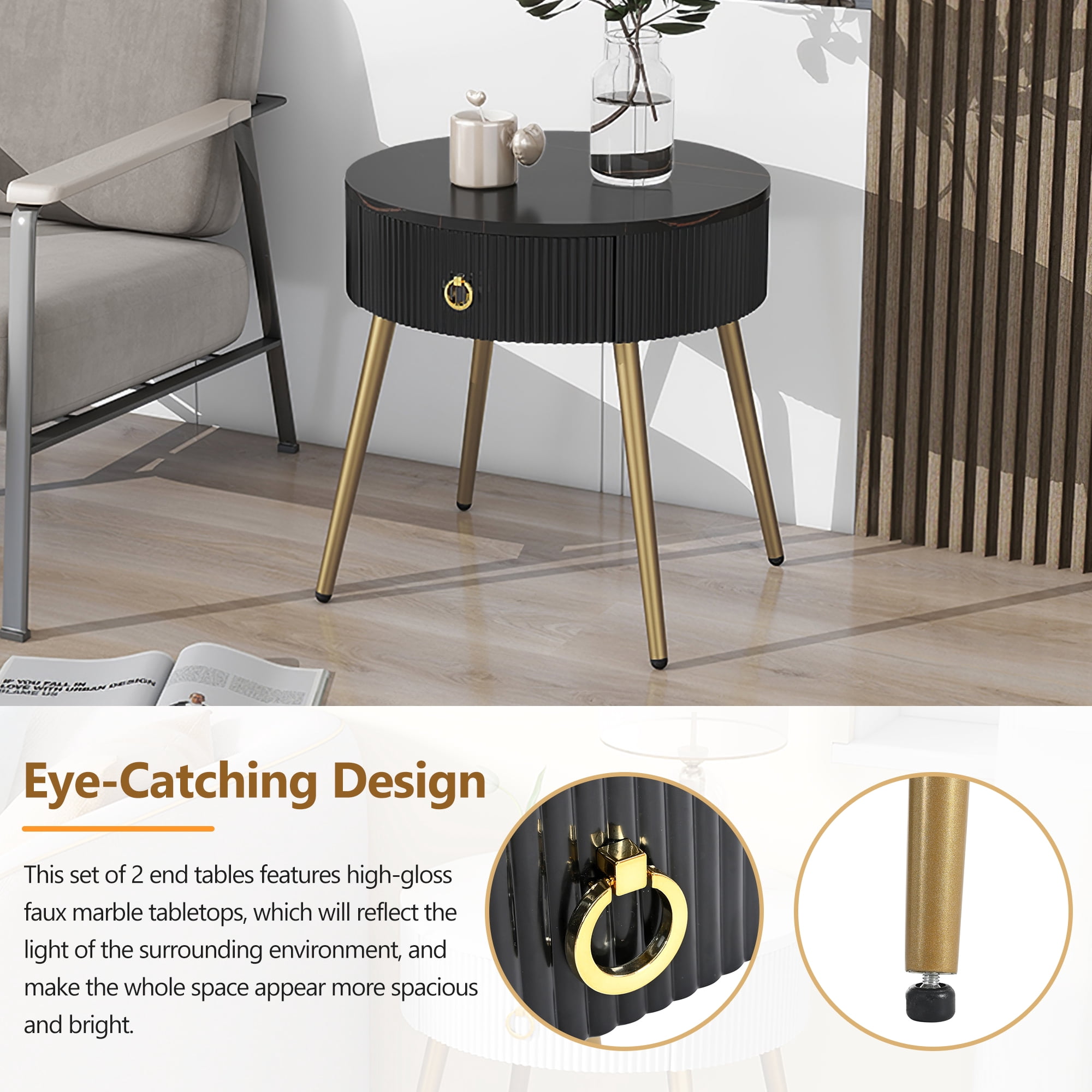 EUROCO 2-Piece 19.6" Round Coffee Table Set, End Tables with High Gloss Faux Marble Tabletops,Modern Fluted 2 Side Tables with Drawers and Golden Legs for Living Room, Black