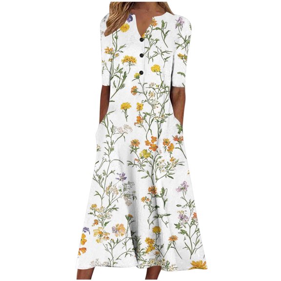 Lovzfmll Shift Dress for Women, Printed V-Neck Short Sleeve with Pockets, Casual Maxi Dress Beige, S