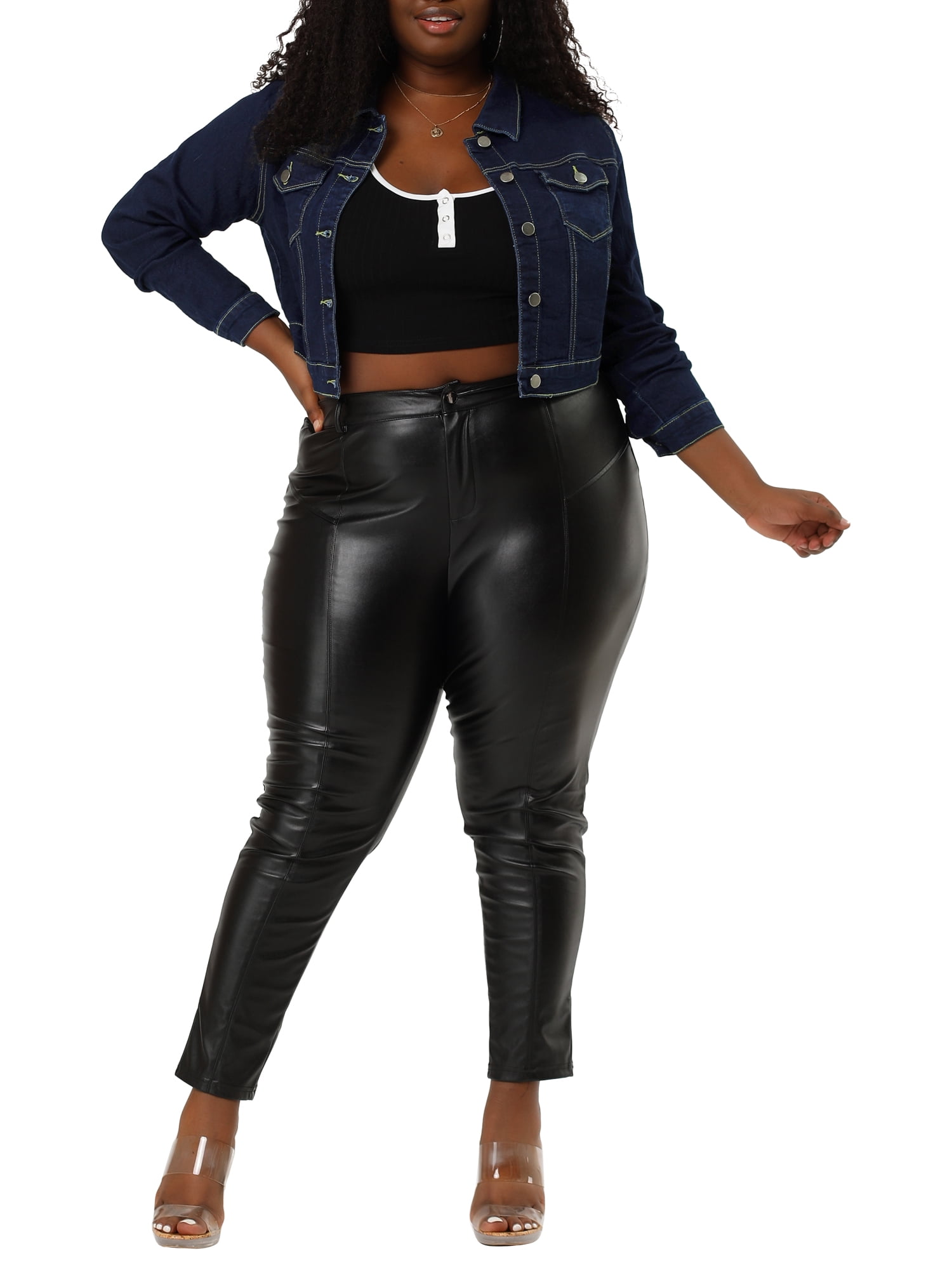 Unique Bargains Women's Plus Size Long Sleeve Jean Jacket Button Cropped Denim Jacket