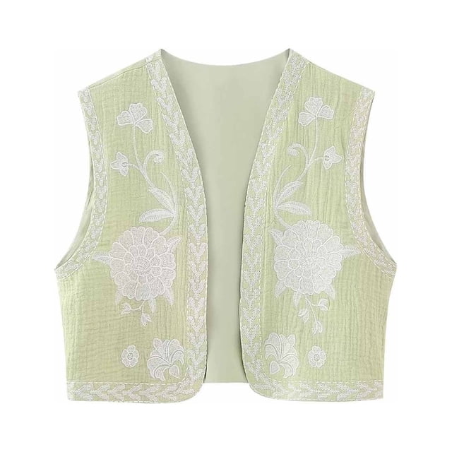 Chalecos y chaquetas casuales sin mangas y sin capucha para mujer, chalecos bordados vintage, cárdigans florales sin mangas cortos de lino, chalecos de moda, top arrugado de algodón para mujer