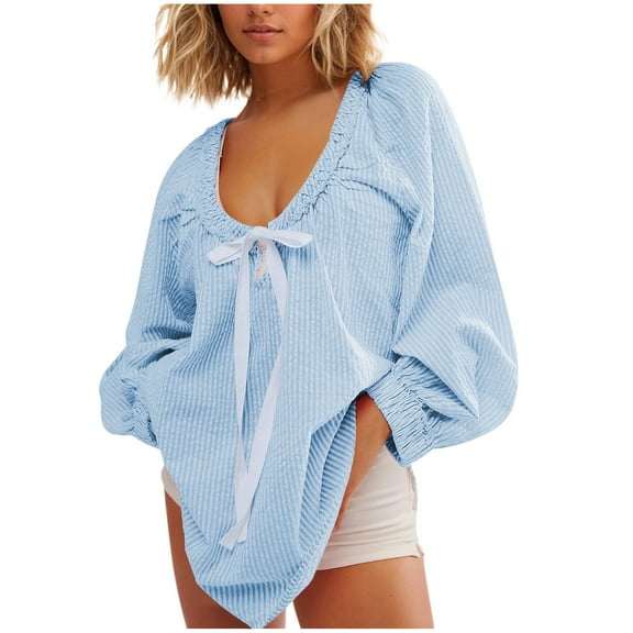 GA WEIHUA Women's Oversized Long Sleeve Shirts Fashion Bow Tie Front Casual Tops Plus Size Loose Striped Tunic Blouses(01#Blue,Large)