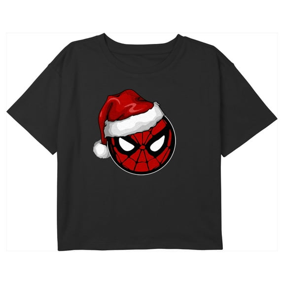 Girl's Marvel Christmas Spider-Man Santa Hat Graphic Cropped T-Shirt Black Small