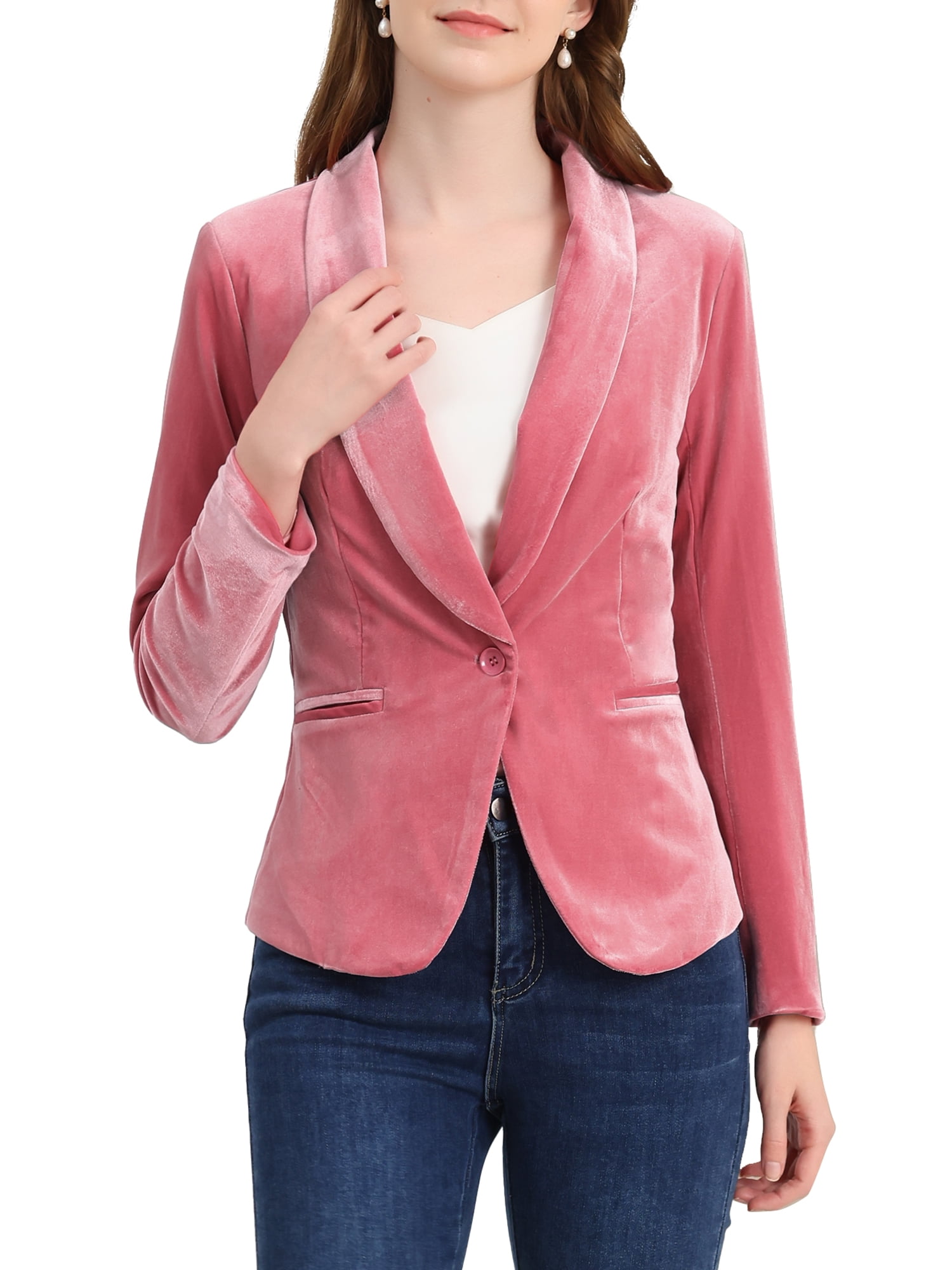 DARING DIVA Women's Velvet Office Coat Solid Shawl Collar Blazer XL Pink