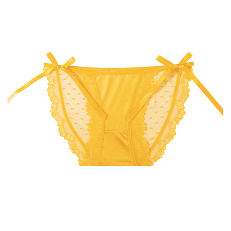 Fulorrnie Women s Lace Panties Breathable Cotton Gusset  Silk Mesh Panels  Bow Accent Lace Trim Sexy Comfortable Underwear  Yellow  L