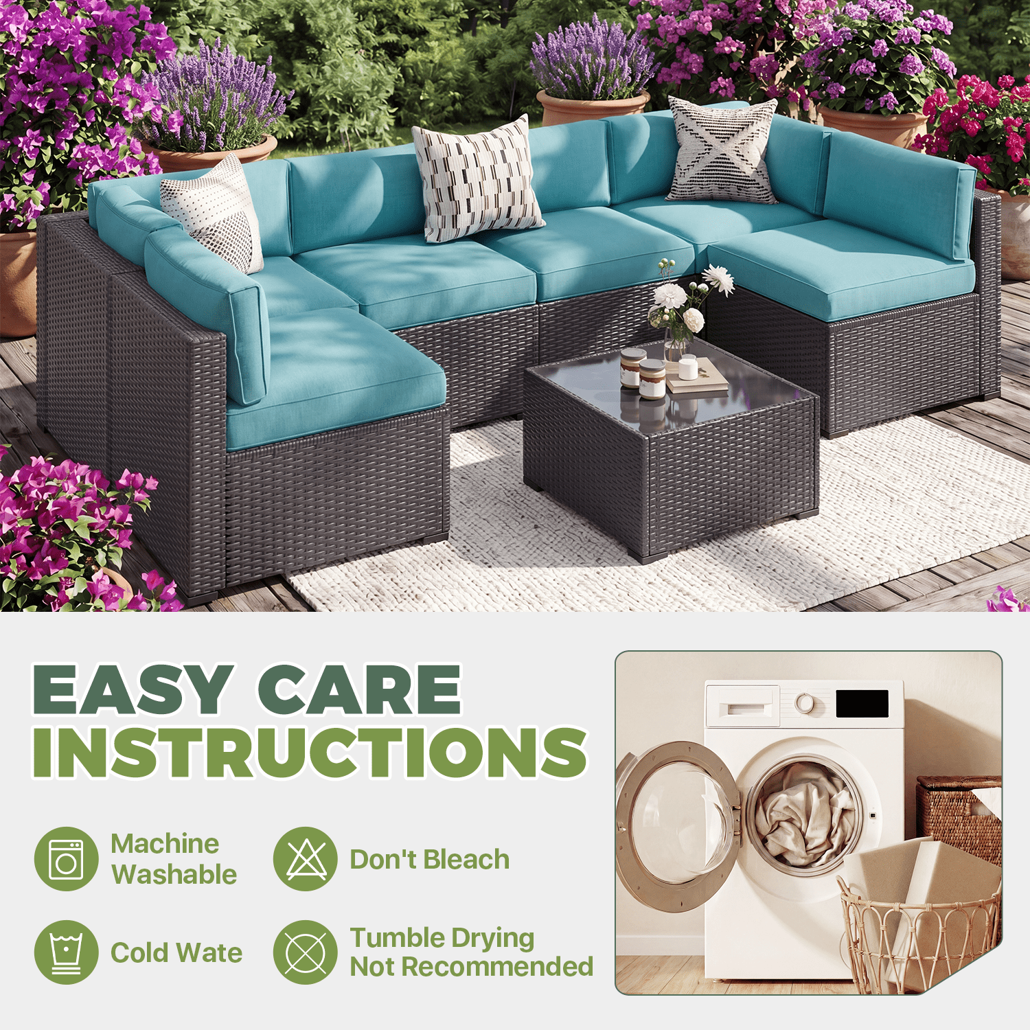 BaPiPro 14 Pack Sky Blue Outdoor Patio Sofa Cushion Replacement Covers, Fade‑Proof, Waterproof & Zippered, Wear‑Resistant, Stain‑Resistant Easy‑to‑Clean Slipcovers for Rattan Sectional Furniture