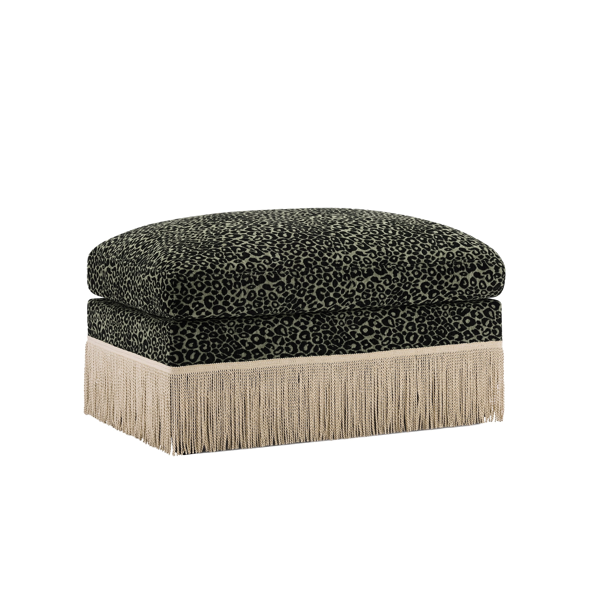 NEW 34.6" Leopard Print Chenille Ottoman, Delicate Tassel Edge, Modular Stool with High-Density Foam, Easy Assembly, for Living Room, Green Black