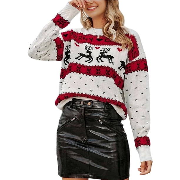 Suéter de Cuello Redondo y Larga para Mujer, Estilo Navideño, Informal, para Fiestas Rojo L