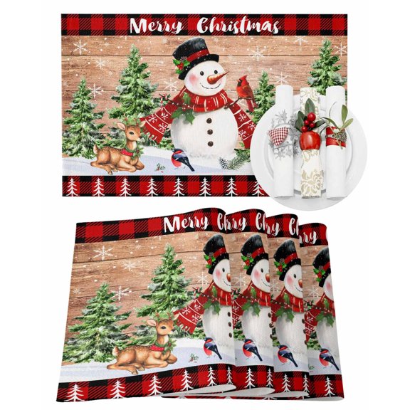 Christmas Placemats Set of 6, Xmas Tree Snowman Place Mats Deer Cardinal Bird Snowflake Wood Plaid Placemat Table Decoration for Kitchen Table Dinner Xmas Party Decor Indoor Outdoor 13x19 Inch