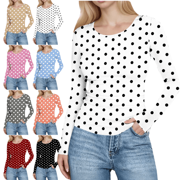 Mifsaly Ribbed Long Sleeve Tops for Women Polka-Dot Slim Fit Crew Neck T-Shirt Fall Winter Thermal Undershirts Casual Stretchy Basic Blouse White
