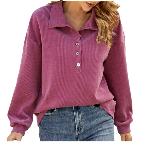 Annhoo Cotton Sweater Shirts for Women Button Collared Long Sleeve Ribbed Knit Blouses Solid Color Outdoor Tops Pullover