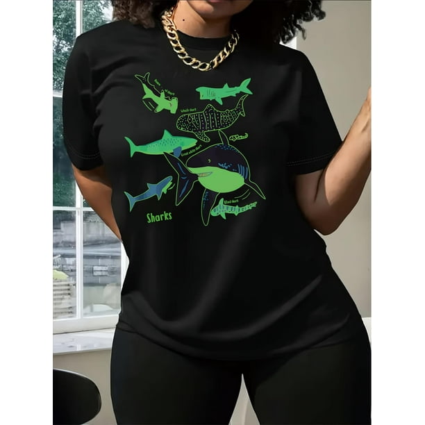 Vibrant Shark Print Crew Neck T-Shirt - Casual Short Sleeve Top for Women, Breathable Polyester, Machine Washable - Perfect for Spring & Summer