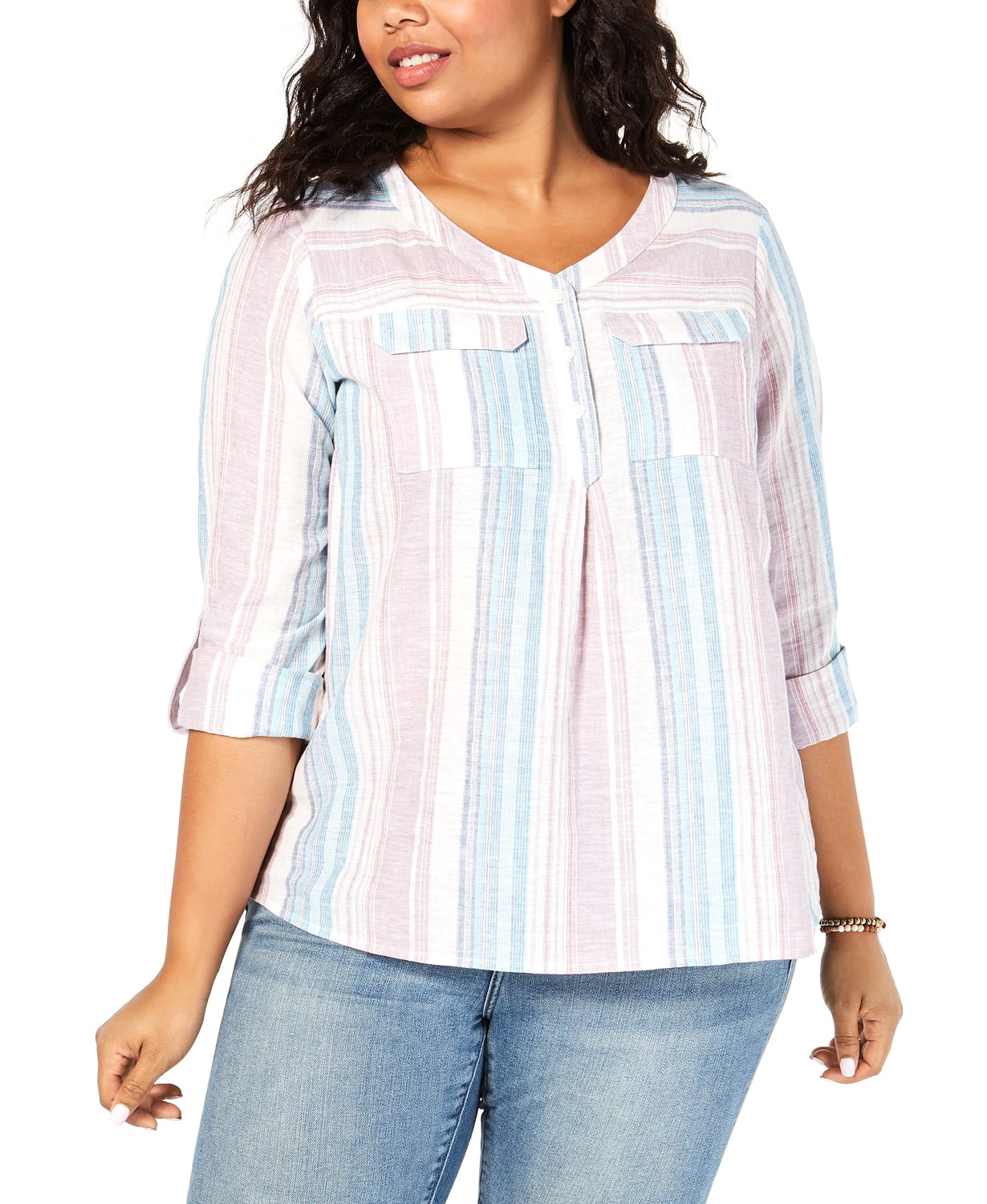 Style & Co. Style & Co Plus Size Striped LinenCotton Shirt Multi