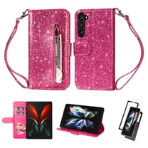Feishell Compatible with Samsung Galaxy Z Fold5 Wallet Case,Glitter Sparkly Bling PU Leather Zipper Pocket with Credit Card Holder Slots Shockproof Magnetic Clasp Flip Stand Phone Case,Rose