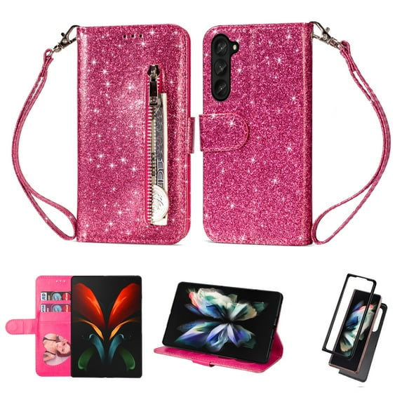 Feishell Compatible with Samsung Galaxy Z Fold5 Wallet Case,Glitter Sparkly Bling PU Leather Zipper Pocket with Credit Card Holder Slots Shockproof Magnetic Clasp Flip Stand Phone Case,Rose