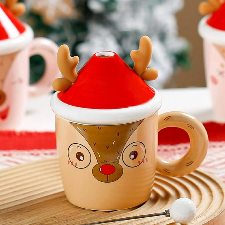 Christmas Ceramic Mugs, 380ml Reindeer Coffee Cups with Spoon
