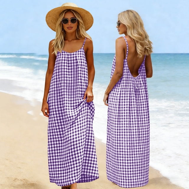 LVHAOGJOB Robe pour Femmes Longue Sans Manches Maxi Robe d'Été Dos Nu Tendance à Bretelles Spaghetti Grande Taille Robe d'Été pour Femmes Plage