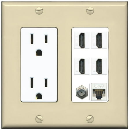 - RiteAV 15A Power Outlet, 4 HDMI, 1 Cat5e Ethernet, 1 Coax Cable TV Wall Plate - Ivory/White