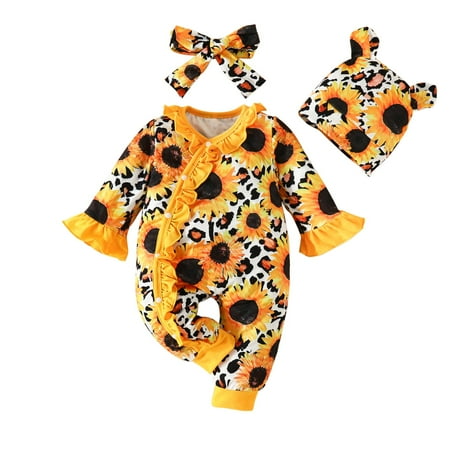 

Ahdbta Infant Girl Button Down Bodysuit Flare Long Sleeve Ruffle Crewneck Romper Cute Print Jumpsuits with Hairband and Hat