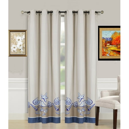 - 2-Piece SHELL Printed Lined Blackout Grommet Window Curtain Treatment, Set of Two (2) Beautiful Ocean Sea Shells Room Darkening Panels 37