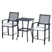 Outsunny 3pc Outdoor Classic Wicker Bistro Bar Set Garden Rattan Style Patio Bar Table & High Chairs w/ Cushions Home Bar Furniture Cream White